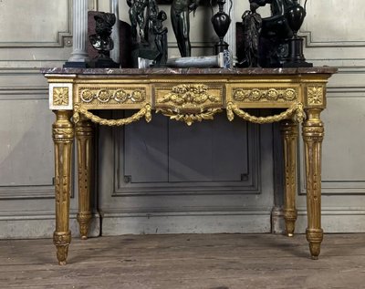 Console Louis XVI En Bois Doré, Marbre Gris Des Ardennes, XVIIIème Siècle