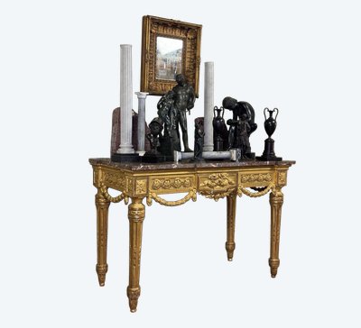 Console Louis XVI En Bois Doré, Marbre Gris Des Ardennes, XVIIIème Siècle