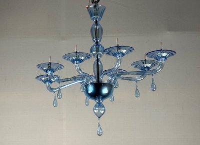 Lustre Vénitien En Verre De Murano Bleu, 8 Bras De Lumière