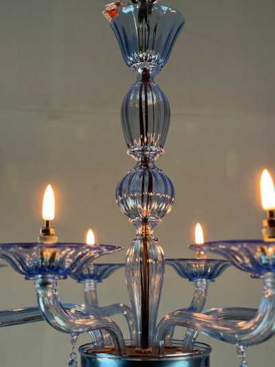 Lustre Vénitien En Verre De Murano Bleu, 8 Bras De Lumière