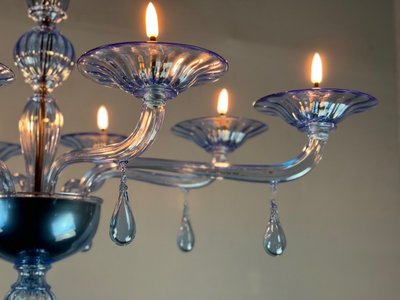 Lustre Vénitien En Verre De Murano Bleu, 8 Bras De Lumière