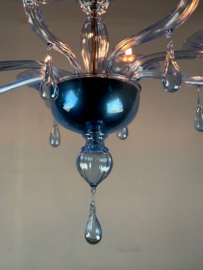 Lustre Vénitien En Verre De Murano Bleu, 8 Bras De Lumière