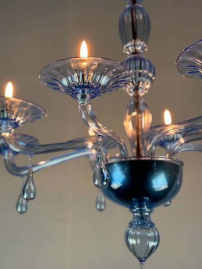 Lustre Vénitien En Verre De Murano Bleu, 8 Bras De Lumière
