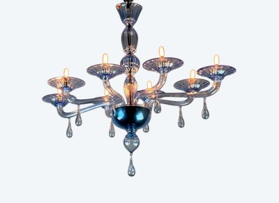 Lustre Vénitien En Verre De Murano Bleu, 8 Bras De Lumière