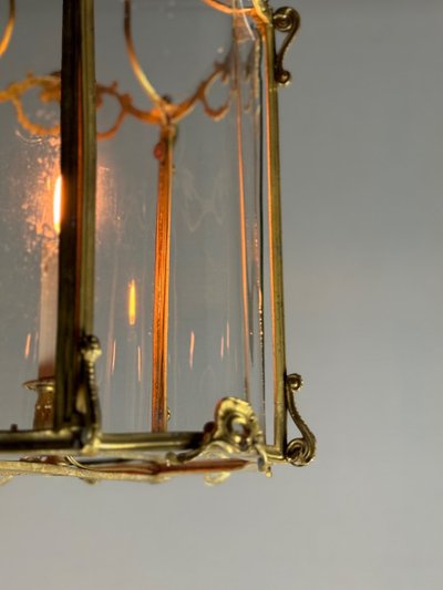 Laterne aus vergoldeter Bronze, Original gebogenes Glas, um 1900