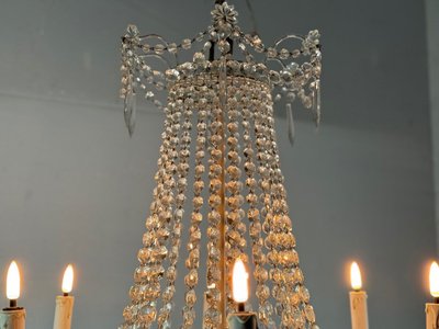 Kronleuchter Perlensack, geschliffene Kristalle Um 1900
