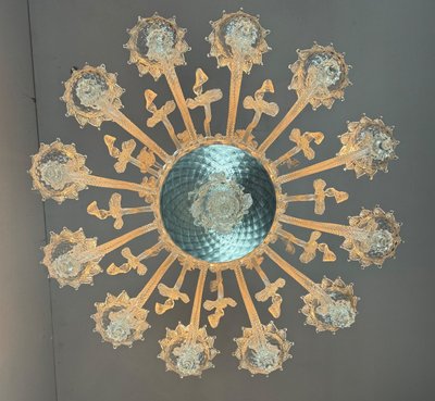 Venetian Chandelier In Colorless Murano Glass, 12 Light Arms, Circa 1900