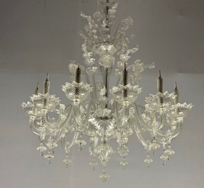 Venetian Chandelier In Colorless Murano Glass, 12 Light Arms, Circa 1900