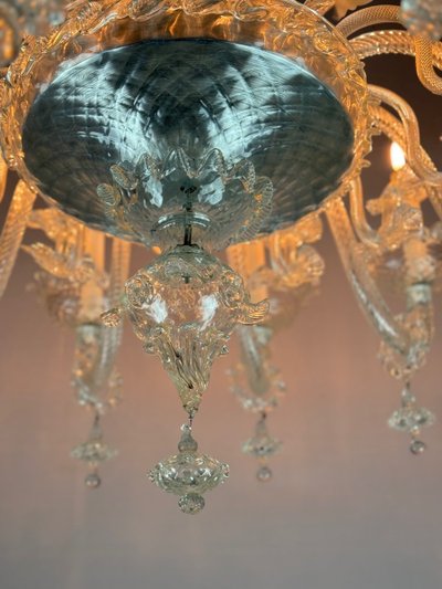 Venetian Chandelier In Colorless Murano Glass, 12 Light Arms, Circa 1900