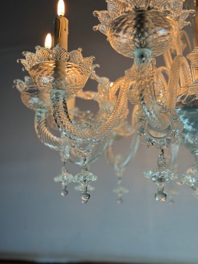 Venetian Chandelier In Colorless Murano Glass, 12 Light Arms, Circa 1900