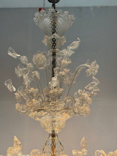 Venetian Chandelier In Colorless Murano Glass, 12 Light Arms, Circa 1900