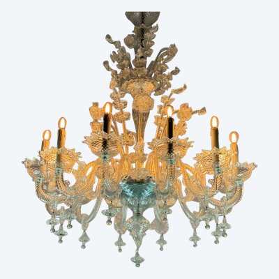 Venetian Chandelier In Colorless Murano Glass, 12 Light Arms, Circa 1900