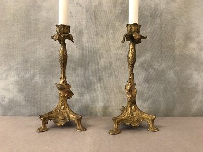 Paire de bougeoirs ancien en régule doré d'époque 19 ème 