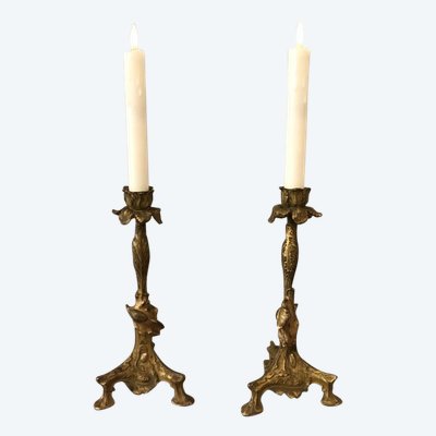 Paire de bougeoirs ancien en régule doré d'époque 19 ème 