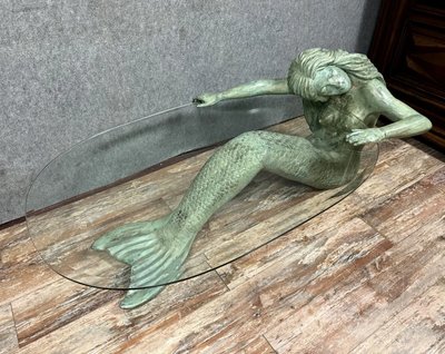 Couchtisch aus Bronze mit Meerjungfrauen-Motiv und grüner Patina, um 1970