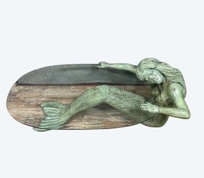 Couchtisch aus Bronze mit Meerjungfrauen-Motiv und grüner Patina, um 1970