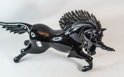 UNICORN MURANO CAMPANELLA GLASS, black crystal sculpture