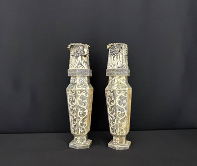 Pair of Large Carved Vases – Japan, Meiji Period