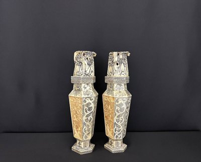 Pair of Large Carved Vases – Japan, Meiji Period