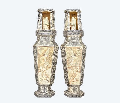 Pair of Large Carved Vases – Japan, Meiji Period