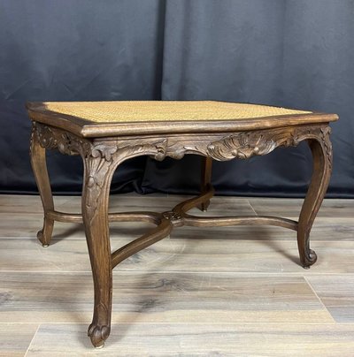 Tabouret de style Louis XV ancien en bois sculpté & assise cannée