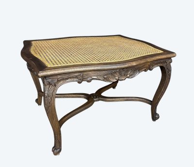 Tabouret de style Louis XV ancien en bois sculpté & assise cannée