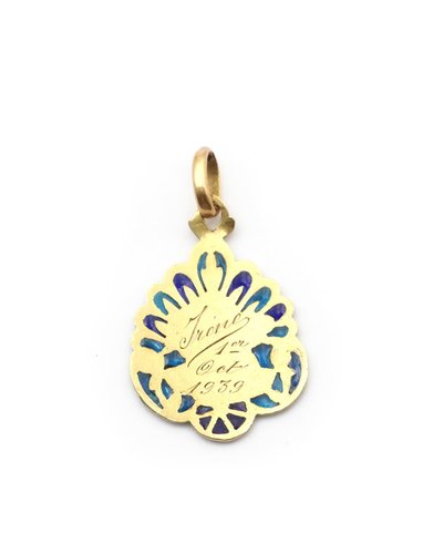 Médaille Art Nouveau Ange de Raphaël en or 18k, pendentif religieux, email plique a jour, bleu