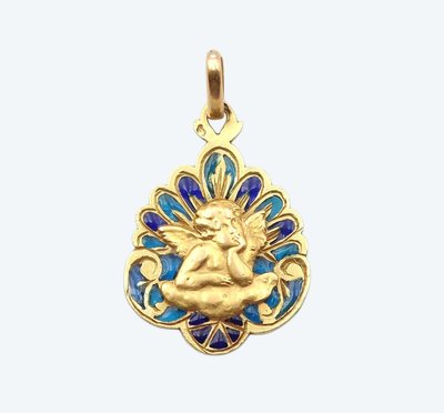 Médaille Art Nouveau Ange de Raphaël en or 18k, pendentif religieux, email plique a jour, bleu