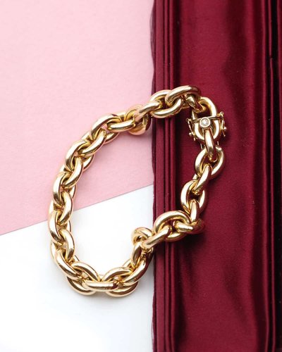 Bracciale largo a maglia ovale in oro 18k, stile maglia a catena di ancoraggio, bracciale vintage