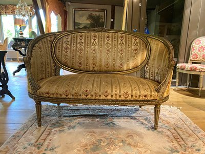 Louis XVI style basket sofa, grey/green lacquered wood circa 1900