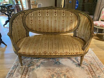 Louis XVI style basket sofa, grey/green lacquered wood circa 1900
