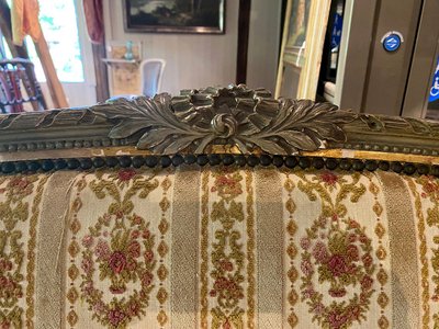 Louis XVI style basket sofa, grey/green lacquered wood circa 1900