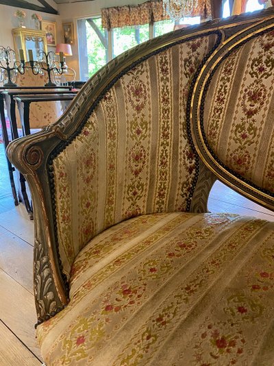 Louis XVI style basket sofa, grey/green lacquered wood circa 1900