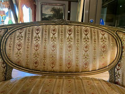 Louis XVI style basket sofa, grey/green lacquered wood circa 1900