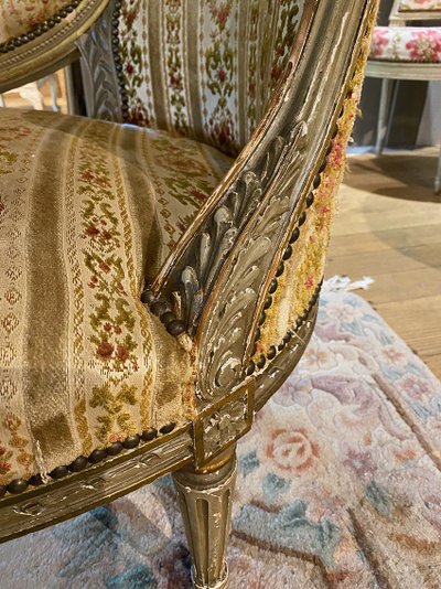 Louis XVI style basket sofa, grey/green lacquered wood circa 1900