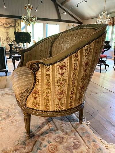 Louis XVI style basket sofa, grey/green lacquered wood circa 1900
