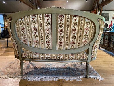 Louis XVI style basket sofa, grey/green lacquered wood circa 1900