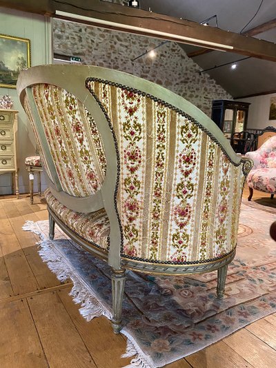 Louis XVI style basket sofa, grey/green lacquered wood circa 1900