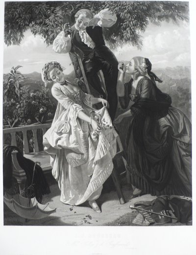 J.J.Rousseau e Mlles Galley e de Graffenried grande incisione del XIX secolo