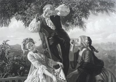 J.J.Rousseau e Mlles Galley e de Graffenried grande incisione del XIX secolo