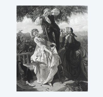 J.J.Rousseau e Mlles Galley e de Graffenried grande incisione del XIX secolo