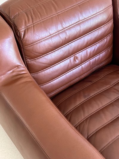 Prototipo di poltrona in similpelle marrone di Michel Ducaroy, Francia, anni '70