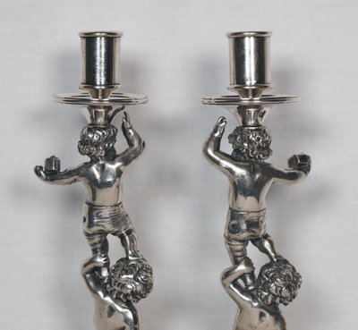 Pair of silver-plated bronze candlesticks signed Alphonse Giroux Paris