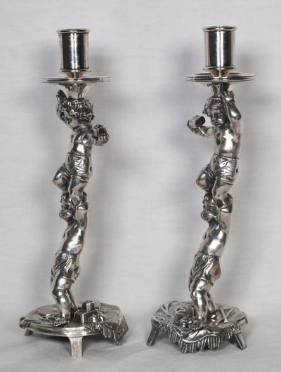 Pair of silver-plated bronze candlesticks signed Alphonse Giroux Paris