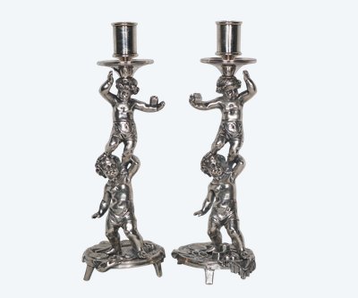 Pair of silver-plated bronze candlesticks signed Alphonse Giroux Paris