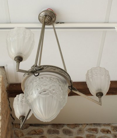 Lampadario Art Déco a 3 luci in vetro e metallo, circa 1930