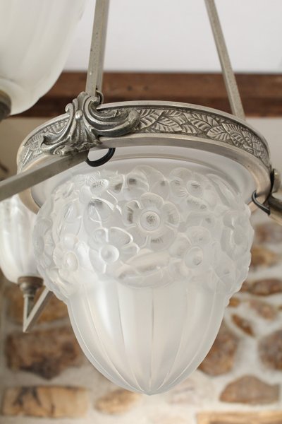 Lampadario Art Déco a 3 luci in vetro e metallo, circa 1930
