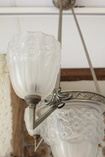 Lampadario Art Déco a 3 luci in vetro e metallo, circa 1930