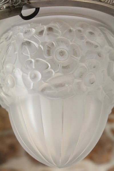 Lampadario Art Déco a 3 luci in vetro e metallo, circa 1930