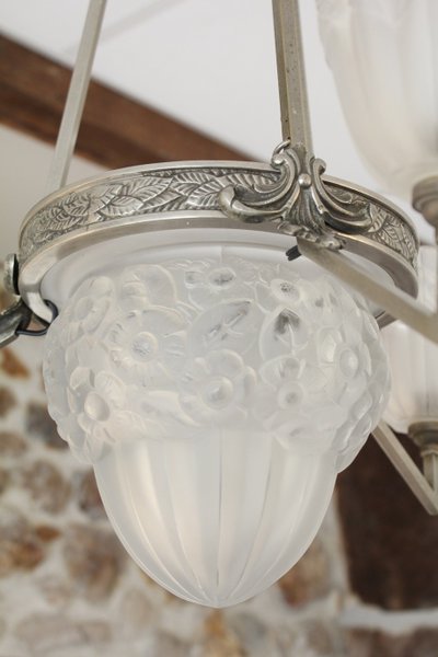 Lampadario Art Déco a 3 luci in vetro e metallo, circa 1930